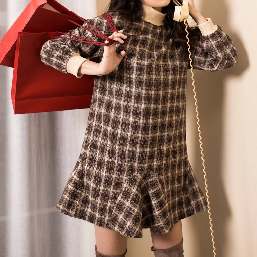 🎖HP🏅 Vintage Brown Plaid Long Sweater Dress